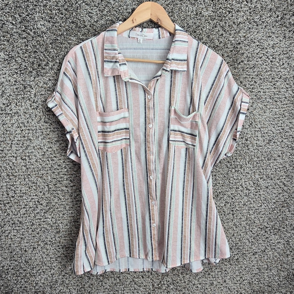 Eden & Olivia Top Womens Plus 3X Pink Striped Button Up Button Tab Sleeve Casual
